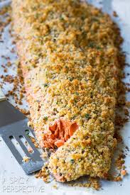 A Spicy Perspective Oven Baked Salmon Recipe With Parmesan Herb Crust Oven Baked Salmon Baked Salmon Recipes Salmon Recipes Oven