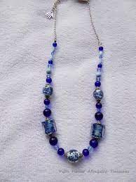 Silver Blue White Glass Flat Square Bead Pendant Necklace N227 Beaded Necklace Beaded Necklace Diy Beaded Pendant Necklace