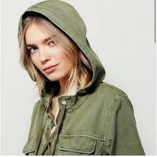 Free People Oversized Safari Military Top Lace Up Plunge Hooded Med Army  Green Military