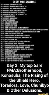 Day 2 My Top 5are Fma Brotherhood Konosuba The Rising Of The Shield Hero Toradora Love Chunibyo Other Delusions Ifunny Toradora Delusional Hero Meme