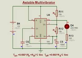 The second 555 timer helper will extend the timers output duration without having to use large values of r1 and/or c1. Schematic Circuit Diagram Astable Multivibrator Using 555 Timer Proteus Simulation