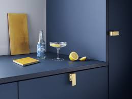 Smokey Blue Linoleum Kitchen With Brass Handles From Shufl Shufl Ikeahack Kitchens Kokken Ikea Design