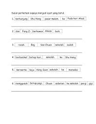 Frasa benda yang terbentuk dari huruf acak tersebut ialah tape measure; Susun Perkataan Supaya Menjadi Ayat Yang Betul 1 Berkunjung Shu Heng Pasar Malam Malay Language Kindergarten Reading Worksheets School Worksheets