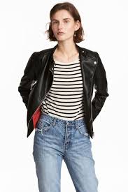 Black Biker Jacket In Faux Leather With Quilted Shoulders Small Stand Up Collar With Tab And Snap Fastener Di Leather Coat Jacket Jackets Black Biker Jacket