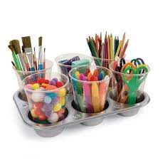 Plastic Cups In A Muffin Tin Act As An Art Supply Tray Dollar Store Organizing Craft Organization Household Hacks