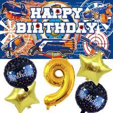 Set up the battle zone: Amazon Com Nerf 9th Birthday Party Supplies Dart War Ninth Nine Decorations Balloons For Boys Banner Backdrop Set Decor Toys Games