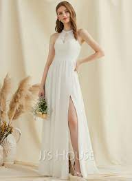 Die 2020 trends brautkleider kollektion ist angekommen. A Linie U Ausschnitt Bodenlang Chiffon Spitze Brautkleid Mit Schlitz Vorn 002234881 Jj S House