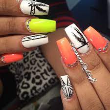 Tribal Coffin Nails Neon Colors Acrylic Feathers Swarovski Stones Follow On Instagram Audacious Nailsbyb Nails Coffin Nails Acrylic Nails