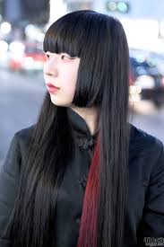 Red highlighted hairstyle for black hair via. Black Japanese Bangs Hairstyle W Red Streak Tokyo Fashion