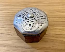 ST JUSTIN PEWTER and wooden celtic trinket box. Nice item in very nice  condition £9.20