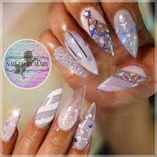 Winter Wonderland Blue White Christmas Stiletto Acrylic Glitter Heaven Tree Candy Candy Stripes Ornaments Swar Christmas Nails Winter Nails Pixie Crystal Nails