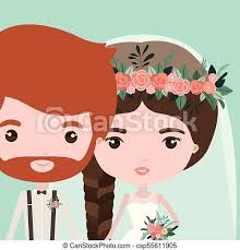 Download bride and groom cartoon stock photos. Color Background With Half Body Couple Of Just Married Bearded Man And Woman With Braid Hair Vector Illustration Canstock