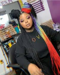 Black And Rainbow Box Braids Half Black Half Rainbow Box Braids Follow Our Queen Tingz Your Hair Is Your Crown In 2020 Braids For Black Women Black Box Braids Black Women Hairstyles