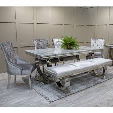 Grey Marble Mirrored Dining Table And Chair Set With Bench In Silver Grey Velvet Grey Dining Tables Black Dining Room Sets Dining Table Bench Seat