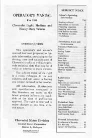 Chevy Truck 1954 Operators Manual Index