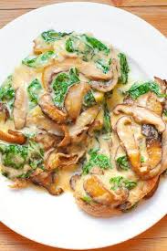 Chicken With Spinach And Mushrooms In Creamy Parmesan Sauce With Chicken Breasts Halved Oliv Spinach Stuffed Mushrooms Chicken Recipes Spinach Stuffed Chicken