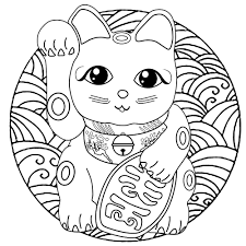 A Cute Maneki Neko Cat Japanese Figurine Lucky Charm Talisman In A Mandala Full Of Waves J Cat Coloring Page Mandala Coloring Pages Animal Coloring Pages