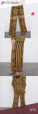 Zara navy blue jacquard floral pants trousers size s. Zara Wide Leg Jacquard Pants In 2021 Velvet Long Pants Metallic Pants Brown Linen Pants
