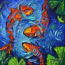 Available rolled, gallery wrapped, or framed. Koi Fishes Textured Palette Knife Oil Painting Mona Edulesco Painting By Mona Edulesco