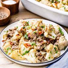 Loaded Cauliflower Ground Beef Casserole Paleo Friendly Recipe Ground Beef Beef Recipes Loaded Cauliflower