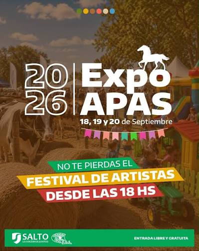 EXPO APAS 2026: DEL 18 AL 20 DE SEPTIEMBRE, SALTO VIVIRÁ UNA NUEVA EDICIÓN La Municipalidad de Salto invita a la comunidad a participar de una nueva edición de la Expo APAS