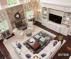 2 Sitting Areas Chairs And Side Table In Front Of Fireplace And Sectional Sofa Area In Front Of Tv Lar Family Room Layout Livingroom Layout Large Living Room