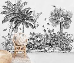 Black And White Mural Ideas Tropical Vibes On Black White Design Of Wild Jungle Removable Wallpaper Blackandwhite Wallmurals Wallpaper Removable Wallpaper Jungle Wallpaper Wall Murals