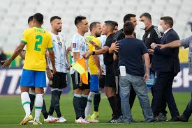 Sunday's gamne was halted just minutes after kickoff after brazilian health officials objected to the participation of argentine players . Pcrtb9qkgeelbm
