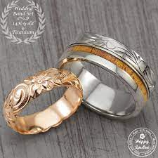 Pair Of 14k Gold Titanium Assorted Hawaiian Jewelry Couple Wedding Ring Set 6 8mm Widths Couple Wedding Rings Couples Wedding Rings Set Wedding Ring Sets