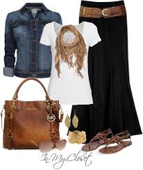 Long Black Skirt Denim Jacket Brown Sandals And Purse And Belt Gold And Brown Bracelets Is It Spring Fashion Black Skirt Long Plus Size Fashion For Women