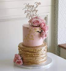 Come see our unique cake gifts! Pink Gold Birthday Cake Pink Birthday Cakes Birthday Cake Roses Rose Gold Cake