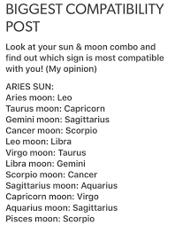Capricorn is the natural partner to cancer. Biggest Compatibility Post Look At Your Sun Moon Combo And Find Out Which Sign Is Most Compatible With You My Opinion Aries Sun Aries Moon Leo Taurus Moon Capricorn Gemini Moon