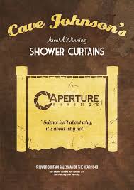 Portal Cave Johnson Shower Curtains Poster Aperture Science Video Game Print What Rhymes