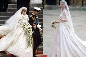 Diana Kate S Dresses Two Different Eras Diana Sparkled In Whatever She Wore Princess Diana Wedding Kate Middleton Wedding Dress Royal Wedding Dress
