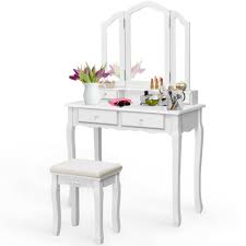 Maybe you would like to learn more about one of these? Costway Makeup Vanity Set Dressing Table Tri Folding Mirror W Stool White Best Buy Canada