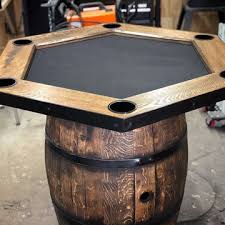 Custom Poker Table Features 40 Inch Oak Top Oak Barrel Base Black Iron Edging With Bolts Black Aluminu In 2020 Whiskey Barrel Table Wine Barrel Table Barrel Table
