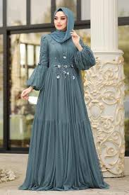 Tesetturlu Abiye Elbise Balon Kollu Indigo Mavisi Tesettur Abiye Elbise 38940im Tesetturisland Com The Dress Musluman Modasi Moda Stilleri