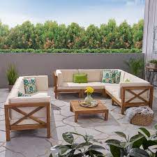 Cynthia Outdoor Acacia Wood 8 Seater Sectional Sofa Set With Coffee Table Outdoor Furniture Design Diy Outdoor Furniture Outdoor Furniture