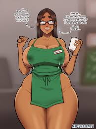 1girls barista breasts character name cleavage dark-skinned  female dark skin emily (mrpotatoparty) english text female female only  glasses huge breasts iced latte with breast milk lactation lactation  without expressing