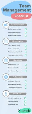 A supervision checklist acts as a reminder for all the special assignments and usual activities that the supervisor must finish to ensure that … Team Management A Checklist For New Managers Timely Blog