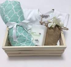 Baby Gift Basket With Muslin Swaddle Baby Cream White Baby Stretchie And Matching Hat In Wood Box Custom Baby Gift Podarochnye Korobki Podarki Idei Podarkov