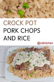The pork chops were tender and it was an easy meal to prepare. A Creamy One Dish Crock Pot Meal Made With Pork Chops Rice Onion Soup Mix And Cream Of Mushroom Soup Cdkitchen Com Pork Chops Rice Slow Cooker Pork Pressure Cooker Pork