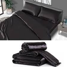Tissu de coton au toucher agréable et résistant au lavage. Parure De Lit Satin Noire Queen Drap En Satin Literie En Soie Drap Satin
