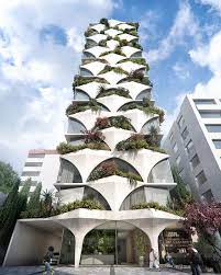 odd architects designs sunflower inspired tower with arched facades and mini forests green architecture facade architecture tower design