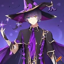 Anime male vtuber witch, stars on outfit, purple clothing on Craiyon