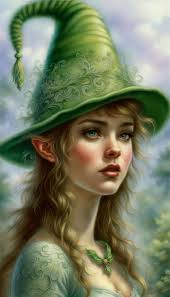 elf girl with green embroidered hat ethereal fantasy hyperdetailed mist Thomas  Kinkade