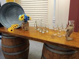 Wine Barrel For Bar Top Table With Wood Plank Can Be Used For Many Different Set Ups Dessert Table Bar Table Buff Barrel Decor Bar Top Tables Buffet Set Up