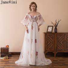 White prom dress with embroidered flowers. Janevini White Tulle A Line Long Prom Dresses V Neck Embroidery Flowers Pattern Backless Elegant Plus Size Formal Party Gowns Prom Dresses Aliexpress