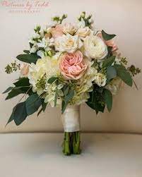 Wedding bouquet of pink, white and green roses. Jennifer S Beautiful Custom Bouquet Of White Hydrangea Blush Garden Like Roses White Ranunc Beautiful Wedding Flowers White Hydrangea Bouquet Wedding Flowers