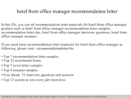 Office and front desk manager resume summary : Hotel Front Office Manager Recommendation Letter